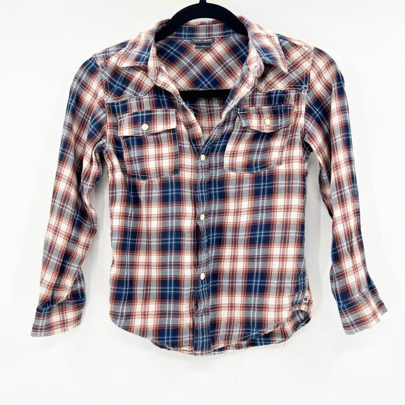 Lucky Brand Kids Boys Orange Blue Flannel Plaid Button Down Shirt Size 7 - Picture 1 of 4